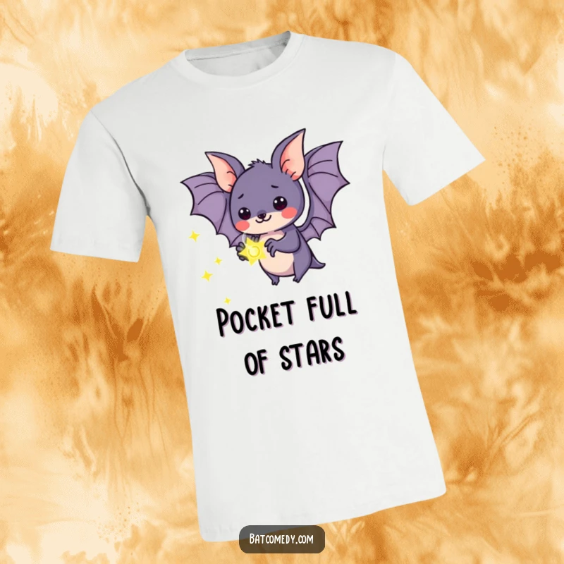 Funny kawaii bat t-shirt featuring a bat gazing in wonder at a softly glowing firefly it holds gently.