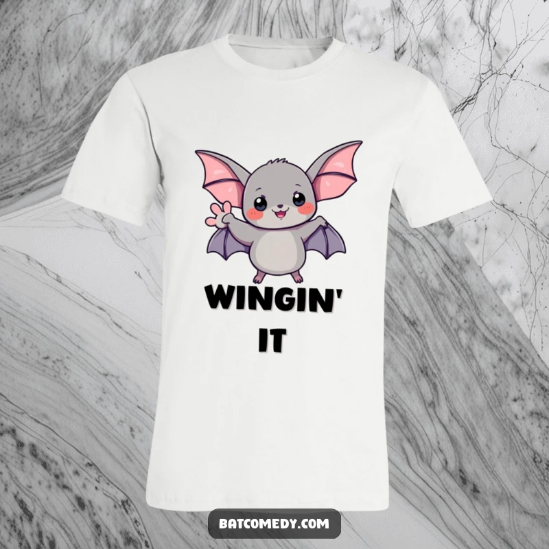 Funny t-shirt graphic of a black bat extending its wing in a welcoming and friendly wave.