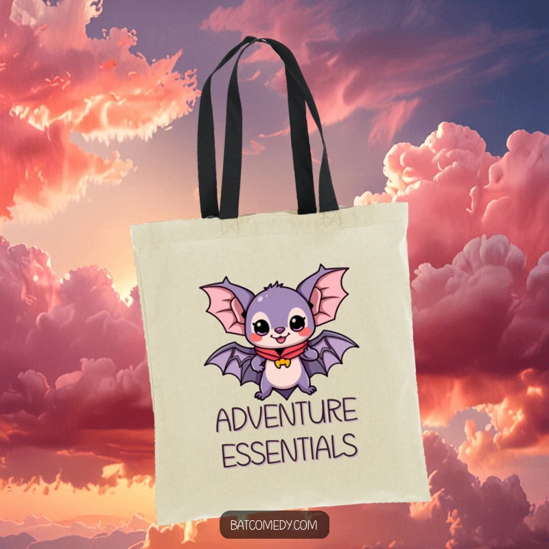 Funny tote bag featuring a kawaii bat with a cape, ready for adventures, perfect for carrying essentials with a heroic and cute flair.