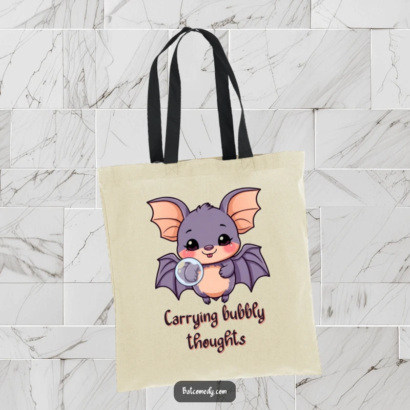 Funny kawaii bat tote bag with a happy bat blowing a bubble, perfect for shopping or carrying daily items.