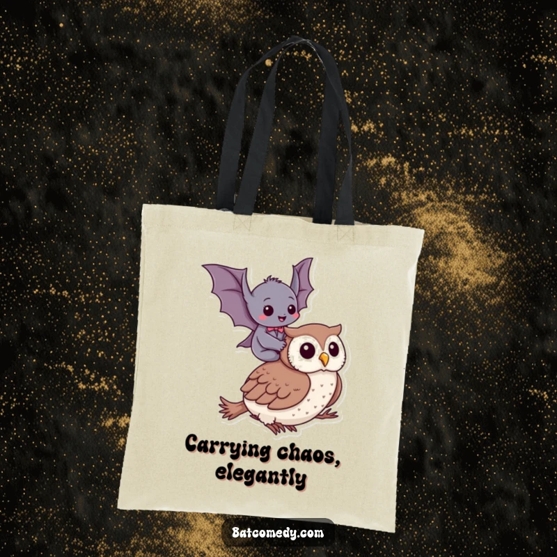 Funny tote bag with a charming scene of a giggling bat enjoying a ride on a serene owl, ideal for humor lovers.