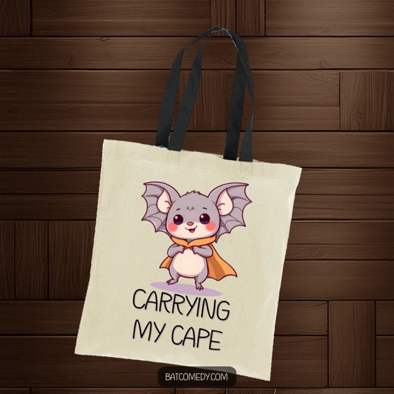 Funny kawaii bat with a cape, pretending to fly with heroic determination on a humorous and practical tote bag.