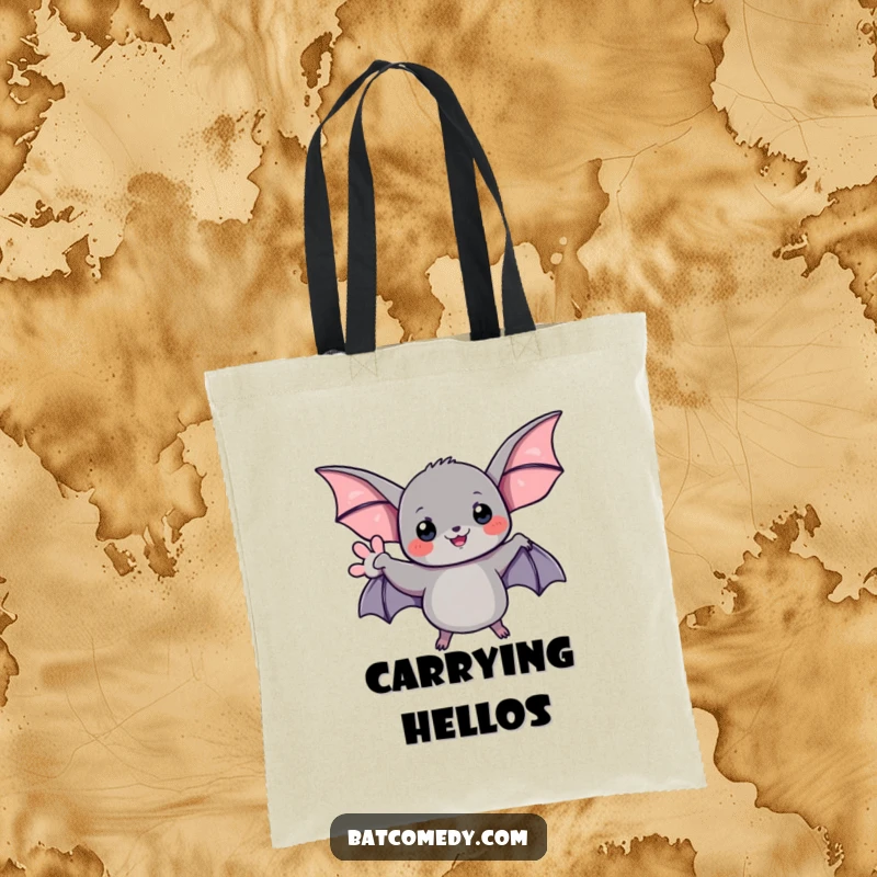 Funny tote bag featuring a black bat giving a cheerful and friendly wave with its wing.