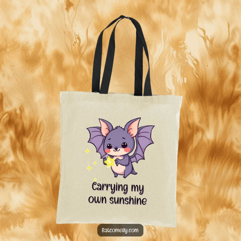 Funny kawaii bat tote bag depicting a bat holding a bright firefly, great for shopping or carrying everyday items.