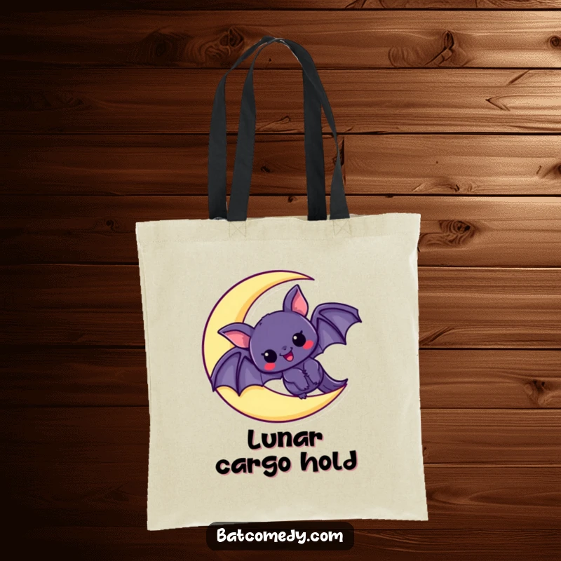 Funny tote bag featuring a kawaii bat peeking out from a crescent moon with a look of pure excitement, ideal for daily errands.