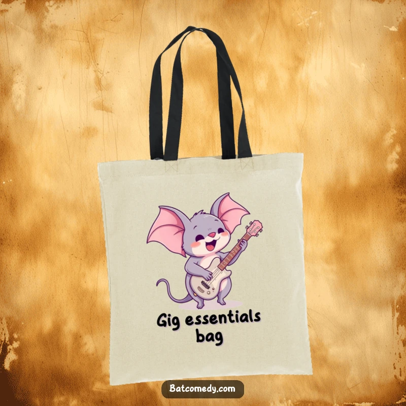 Funny tote bag with a kawaii bat enthusiastically playing a tiny guitar, perfect for music lovers and carrying daily essentials with flair.