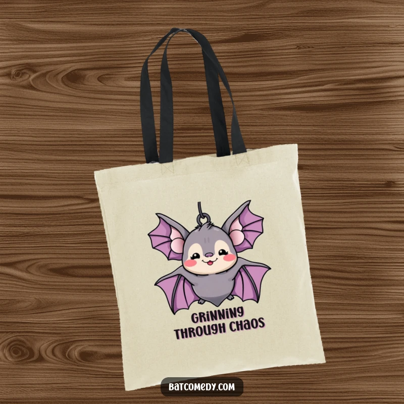 Funny kawaii bat with a silly grin, hanging upside down on a tote bag, offering a humorous and practical carry solution.